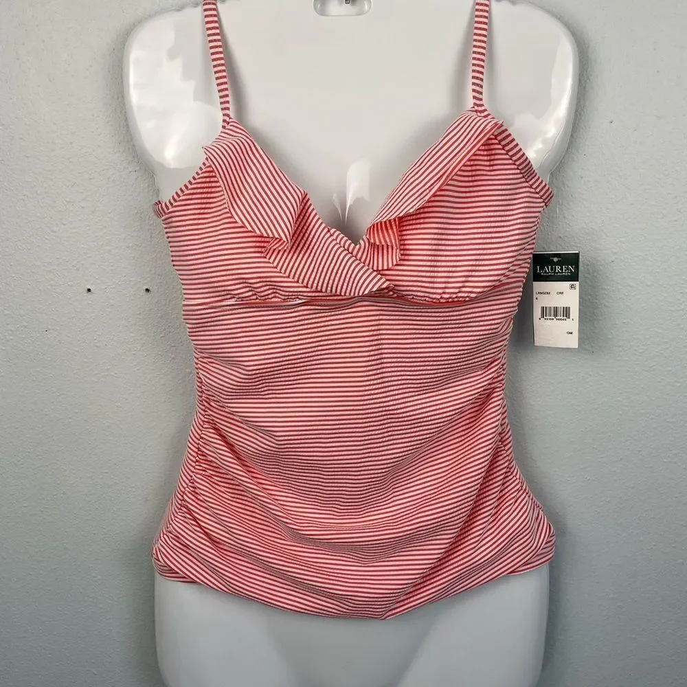 NWT Lauren Ralph Lauren Red Striped Tankini Swim Top Size 6
